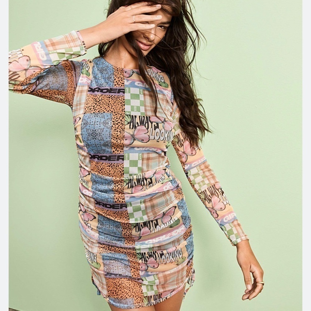 New Girl Order Patchwork Bodycon Mini Dress with Drawstrings Size 8